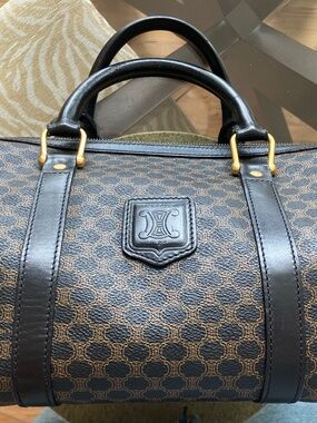 CELINE Macadam Canvas Boston Bag Coated Canvas, Leather Black w/Gold hardware,